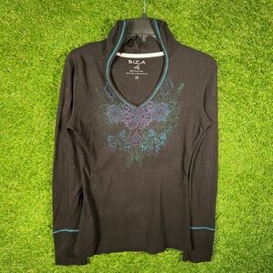 Biza Botanical Active Life Style Black Waffle Knit Graphic Hoodie‎ Small